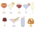 Alcohol drinks icon kit. Cartoon cocktails vector set. Beverages and party concept. Design for your menu, blog, card, poster, Royalty Free Stock Photo