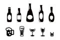 Alcohol drinks icons, bottles and glasses with beer, wine and bar cocktails. Bar or pub symbols for alcoholic beverage signs