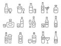 Alcohol drinks line icons. Outline bottles and glasses with beer, wine and bar cocktails. Pub menu symbols for alcoholic Royalty Free Stock Photo