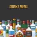 Alcohol drinks menu vector illustration poster. Bar alcoholic poster. Bottles of whiskey, scotch, vodka and apperitive