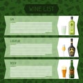 Alcohol drinks menu or wine list. Bottles, glasses for restaurants and bars Royalty Free Stock Photo