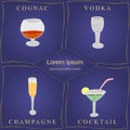 Alcohol Drinks. Set of Hand-Drawn Wineglasses in Golden Frames on Blue. Glasses with Cognac, Vodka, Champagne and Cocktai