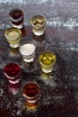 Alcohol drinks. Set of wine, brandy, liqueur, tincture, cognac, whiskey in glass, bottles. Large variety of alcohol and spirits fo Royalty Free Stock Photo