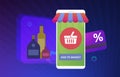 Alcohol E-commerce flat vector concept illustration. Online purchase of alcohol: vodka, whiskey, wine, rum by mobile phone