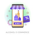 Alcohol E-commerce flat vector icon. Online purchase of alcohol: wine, cognac, vodka, whiskey, rum by mobile phone in alco shop