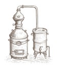 Alcohol ethanol production, distillery. Vintage distillation apparatus sketch. Retro alcohol machine vector illustration Royalty Free Stock Photo