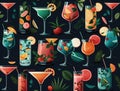 Alcohol fruit beverage on black background for World Cocktail Day. Alcoholic tropical drinks pattern for party. Generative AI