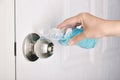 Alcohol gel sanitizer, Cleaning door knob handle prevent coronavirus germ spreading.