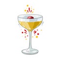 alcohol gin and tonic cocktail with cherry, vector clipart, hand drawn food illustration