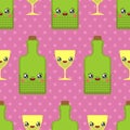 Alcohol and glass kawaii pattern seamless Cute cartoon. Funny Bottle background. Sweet Drink vector texture