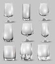 Alcohol glasses set. Transparent empty realistic mockup stemware for different drinks. Vector illustration Royalty Free Stock Photo