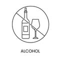 Alcohol, harmful and forbidden food in a diet, crossed out line icon in vector, illustration of not a healthy drink.