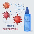 Alcohol hygienic spray, liquid antiseptic for hands and surfaces.
