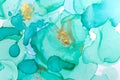 Alcohol ink blue abstract background. Ocean style watercolor texture. Blue and gold paint stains illustration