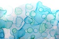 Alcohol ink blue handdrawn watercolor drops on white background. Bubbles imitation.