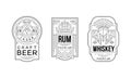 Alcohol Labels with Beer, Rum and Whiskey Vector Set