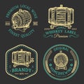 Alcohol logos.Wooden barrels set with drinks signs of cognac,brandy,whiskey,wine,beer.Labels, badges with sketched kegs.