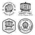 Alcohol logos.Wooden barrels set with drinks signs of cognac,brandy,whiskey,wine,beer.Labels, badges with sketched kegs.