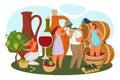Alcohol making at vineyard, vector illustration. Flat man woman character pick grape harvest, winery production, female