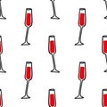 Alcohol one line minimalistic brush grunge abstract wine glass seamless pattern. Vector illustration. Modern