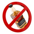 Alcohol prohibition concept. Bottle of whiskey inside forbidden sign, 3D rendering