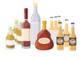 Alcohol set isolated bottled beer, vodka, cognac, wine