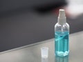 Alcohol 75% in a spray bottle placed on the table, prevent germs protect virus covid 19 Royalty Free Stock Photo