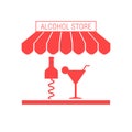 Alcohol store, liquor shop, bar single flat vector icon. Striped awning and signboard