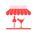 Alcohol Store, Liquor Shop, Bar Single Flat Vector Icon. Striped Awning and Signboard Royalty Free Stock Photo