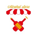 Alcohol Store Sign, Emblem. Red and White Striped Awning Tent. Vector Illustration