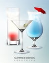 Alcohol summer beverage glasses template with different kinds of cocktails in realistic style isolated