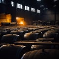 Alcohol warehouse. Many wooden barrels with alcohol in a dark warehouse. Generative AI