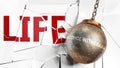 Alcohol withdrawal and life - pictured as a word Alcohol withdrawal and a wreck ball to symbolize that Alcohol withdrawal can have