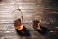 Alcoholic addict. Empty bottle and a glass. Dangerous habit. Unhealthy life concept. Social problem