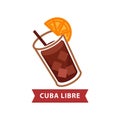 Alcoholic beverage Cuba Libre with drinking straw and orange