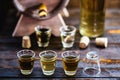 Alcoholic beverages, cachaÃÂ§a, pinga, rum and brandy. Selection of strong and hard alcoholic drinks, glasses. Vodka, brandy, Royalty Free Stock Photo