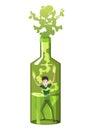 Alcoholic or boozer. Unhappy man standing in green bottle. Young guy with alcohol addiction. Alcoholism concept problem