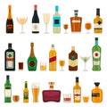 Alcoholic bottles and glasses. Alcohol cocktail drinks, champagne, beer, brandy and martini, gin and cognac. Bar menu Royalty Free Stock Photo