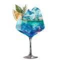 Alcoholic cocktail blue lagoon with a slice of lemon or orange decorated with herbs in watercolor technique. Cooling Royalty Free Stock Photo