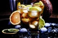 Alcoholic cocktail coconut cola, liqueur, lime, lemon and ice, b Royalty Free Stock Photo