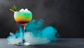 Alcoholic cocktail with dry ice effect. Glass of cold drink. Delicious beverage. Dark background Royalty Free Stock Photo