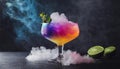 Alcoholic cocktail with dry ice effect. Glass of cold drink. Delicious beverage. Dark background Royalty Free Stock Photo