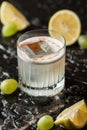 Alcoholic cocktail, fruit and lemon. Photo of drinks on a dark background