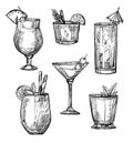 Alcoholic cocktail hand drawn sketch set