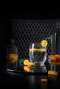 Alcoholic cocktail with kumquat and rosemary on a dark background. Citrus refreshing soda drink in a transparent glass. Royalty Free Stock Photo