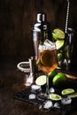 Alcoholic cocktail Long Island with vodka, gin, tequila silver, white rum, liqueur, sugar syrup, lemon juice, cola and ice cubes, Royalty Free Stock Photo