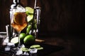 Alcoholic cocktail Long Island with vodka, gin, tequila silver, white rum, liqueur, sugar syrup, lemon juice, cola and ice cubes, Royalty Free Stock Photo