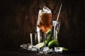 Alcoholic cocktail Long Island with vodka, gin, tequila silver, white rum, liqueur, sugar syrup, lemon juice, cola and ice cubes, Royalty Free Stock Photo