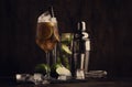 Alcoholic cocktail Long Island with vodka, gin, tequila silver, white rum, liqueur, sugar syrup, lemon juice, cola and ice cubes, Royalty Free Stock Photo