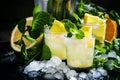 Alcoholic cocktail Morocco smash with Scotch whiskey, sugar syrup, orange, lemon, mint leaves and crushed ice, black Royalty Free Stock Photo